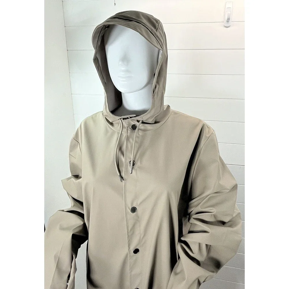 RAINS Brand Unisex Sz Large Classic Taupe Long Waterproof Rain Jacket Snap Front - Picture 6 of 15